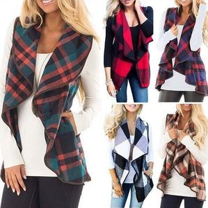 Plaid Vest Vrouwen Controle Vest Cardigan Grid Winter Mouwloze Vesten Gedrukt Jas Shirt Revers Mode Casual Pocket Jacks Tops Blusas C6789