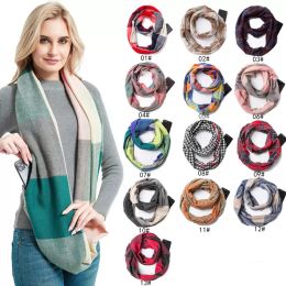 Bufanda de invierno a cuadros con tejido Warm Convertible Journey WomenMan Wrap Secret Hidden Zipper Pocket infinity