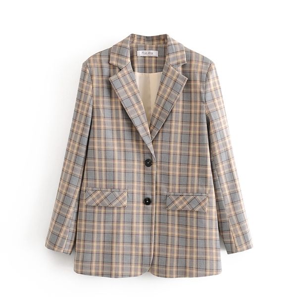 Plaid Femmes Blazer élégant Costumes Vintage Dames Vestes à col cranté Casual Poches féminines Blazers Filles Chic Manteaux 201201