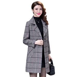 Plaid laine manteau femmes Sutumn hiver mode coréen tempérament revers poche mi-longueur mince veste femme LR1371 210531