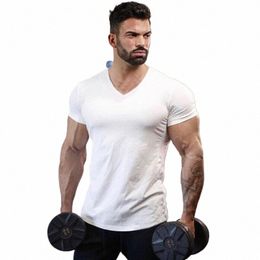 Plain Cott Gym T-shirt Mannen Zomer Fitn Kleding V-hals Korte Mouw T-shirt Slim Fit T-shirt Bodybuilding Workout Tees tops Y8au #