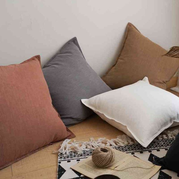Funda de cojín lisa 45x45cm funda de almohada de lino marfil gris oscuro café con flecos para decoración del hogar cama sofá 210401