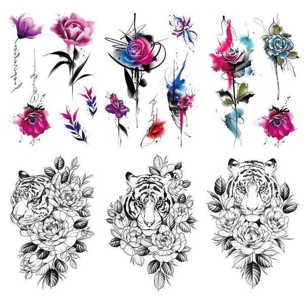 Autocollant de tatouage imperméable sexy, fleur uni, tigre, grand motif, demi-bras, simulation de couleur, aquarelle, rose