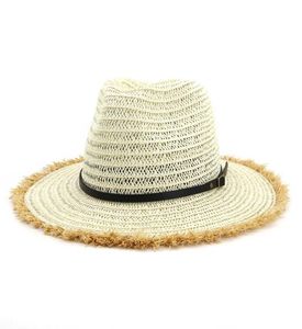 Sombrero de Jazz de paja de papel liso para hombre y mujer, sombreros de Sol de Panamá de ala ancha, decoración con hebilla de cinturón, sombrero de vaquera Unisex, gorra de playa 1622435