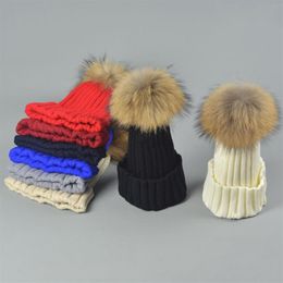 Plain Winter Hat Fur Racoor Dog Ball Hommes Femmes Enfants Tricoté Pom Rib Beanies Kids Fashion Snow Cap Gorro Noir Gris Bleu Marine B3030