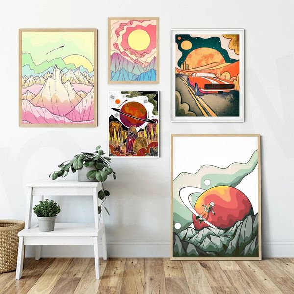 Planeta Coche Sol Lienzo Pintura Dibujos Animados Paisaje Modular Póster E Impresiones Imágenes Arte De La Pared Para Sala De Estar Dormitorio Decoración Del Hogar Sin Marco Wo6