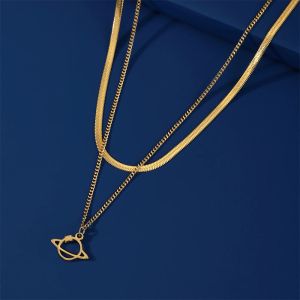 Planeet Saturnus hanger ketting voor vrouwen meisjes 14k geel goud kleur choker dubbellaags Snake Chain Kpop sieraden