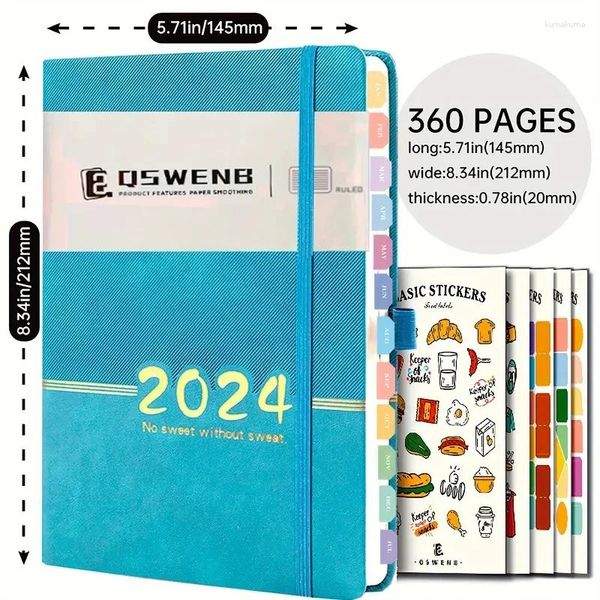 Planner Calendar Agenda 2024 English Journal Notebook con 5 etiquetas pegatinas diarias semanales de cuadernos diarios de la oficina