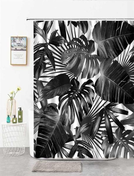 Feuilles de plantes rideaux de douche noir blanc feuille de palmier pour salle de bain décor rideau tissu lavable taille personnalisable salle de bain choses 216565888
