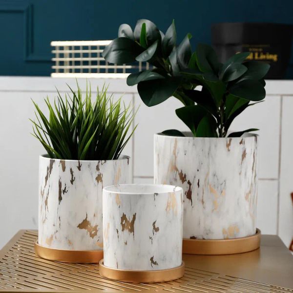 Planteurs 1pc style de marbre créatif pot de plante en céramique avec plateau d'or décoration de la maison porte-plantes