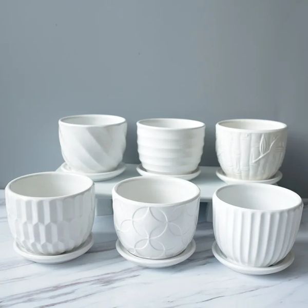 Jardinières Pot en céramique porcelaine blanche pot succulent pot petites fleurs rayures blanches pures décoration de la maison ins décoration de bureau simple
