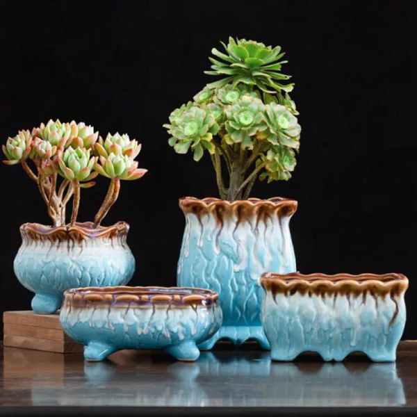 Pot de plantes succulentes émaillé bleu créatif, Pot de fleurs respirant de grand diamètre, Vase avec trou, décoration de jardin et de maison
