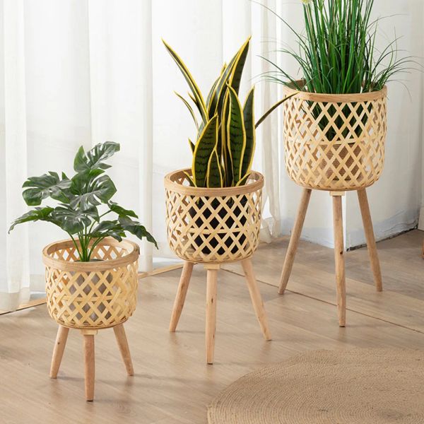 Pot de fleurs tissé en bambou fait à la main, avec support, présentoir de fleurs, support de rangement, bricolage, Pots de pépinière, décoration de la maison