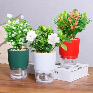 Plantenpot Zelf water gevende transparante dubbellaagse plastic bloempot katoenen touw kleine plantenpot met injectiepoort