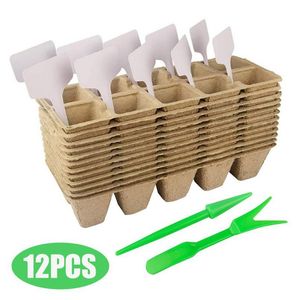 Plantenbakken Potten 12 Stuks Zaailingbakken Kit Zaad Starter Lade Biologisch Afbreekbare Turf Plant Groeiende Tas Labels Kwekerij Pot Voor Tuin Outdoor Dh0Kc