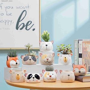 Planters Pots 1Pcs Nordic Style Ceramic Animal Flower Pot Cartoon Bear Cat Cow Head Mini Pot Succulents Plants Bonsai Pots Home Decoration YQ231019