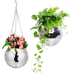 Planters Pots 5 Colors Christmas Decor Disco Ball Planter Vase Wall Hanging Planter Pot Flower Pots Rope Hanging Flowerpot Balcony Home Decor 230324