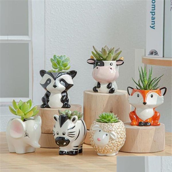 Pots de jardinières 6Pce Set Animaux de dessin animé Pot de fleur pour plantes charnues Succents Pot de fleurs en céramique Petit mini jardin de maison hors Homefavor Dh2Xf