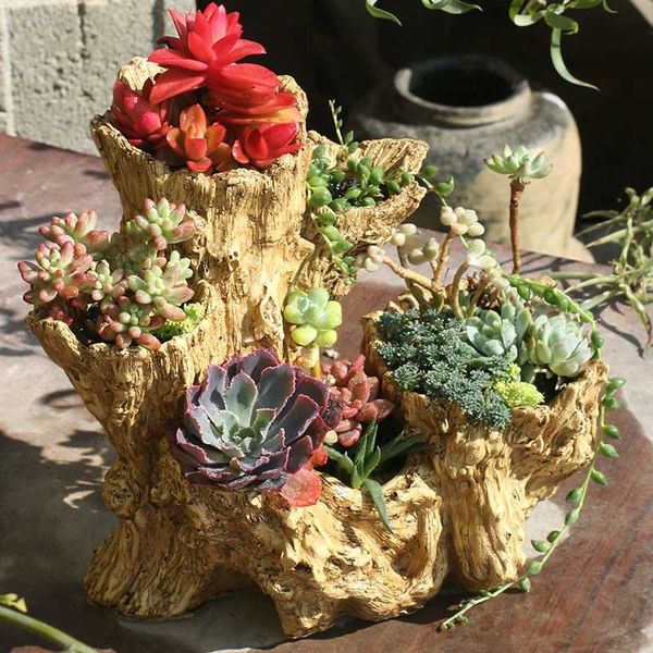 Jardinières Pots Américain Cassé Racine Forme Bois Succulent Résine Pot De Fleur Extérieur Balcon Ameublement Artisanat Jardin Villa Ornements Décoration L230714