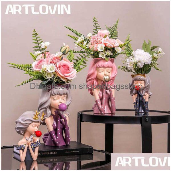 Pots de jardinières Artlovin Bubble Gum Girl Flower Vase Résine Artificielle Plante Pot Abstrait Élégant Décor À La Maison Ornement De Bureau Figurine Dhlgi