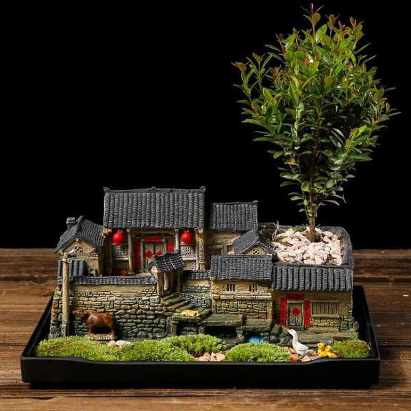 Planteurs Pots Style chinois Rétro Miniature Paysage Old House Flower Pot Niche créatif Décoration intérieure Bamboo Bonsai Q240429