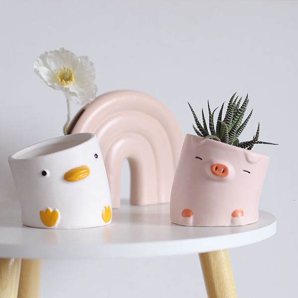 Jardinières Pots Mignon Dessin Animé Animal Pot De Fleur De Bureau Balcon Succulent Plantation Pot De Fleurs Décoration Creative Crooked Canard Et Cochon Pot En Céramique 230508