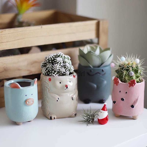 Plans de jardinières Pots de fleurs mignons dessin animé animal céramique Pots jardin accessoires Macéteros décorativos kawaii porc hgeshog fleuriste succulent yq240109