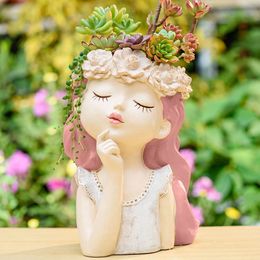 Jardinières Pots mignon fille visage planteur Succulent Pot de fleur résine Cactus cadeau créatif pour les femmes penseur 231215