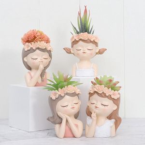 Pots de fleurs Tête féminine Pot de fleur humain mignon Portrait charnu succulent bonsaï planteur résine fille Vase Sculpture plante d'intérieur Pot de fleurs 230829