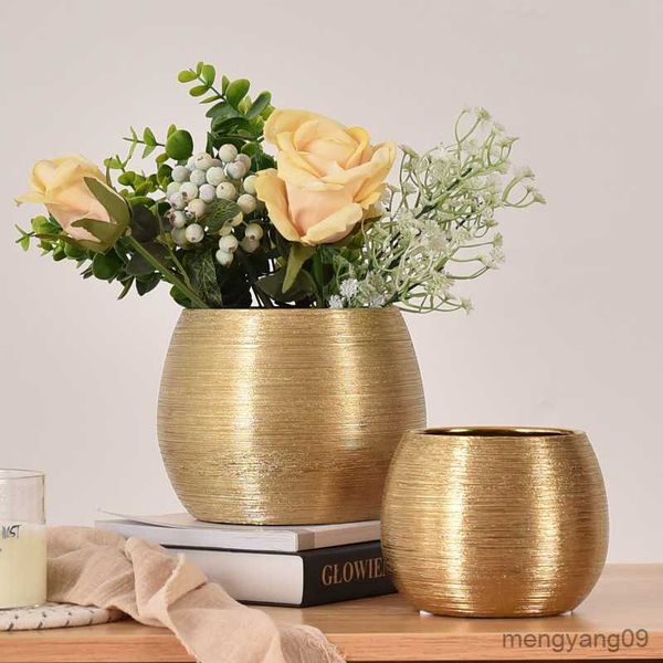 Macetas Macetas Chapado en oro Alambre de cerámica Trefilado Carnosa Maceta redonda Ins Sala de estar europea Decoración Florero Dispositivo de flores R230620