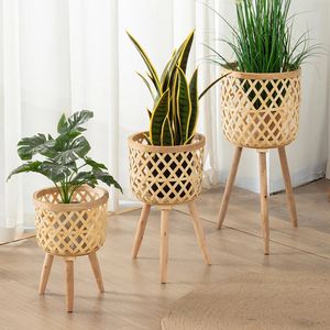 Plantenbakken Potten Handgemaakte Bamboe Geweven Bloempot met Standaard Plant Display Opslag DIY Kinderkamer Woondecoratie 231215