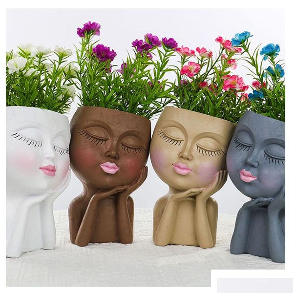 Jardinières Pots Petite Fille Tête Plante Succente Pot De Fleur Sol Simple Caractère Statue Extérieur Paysage Jardin Décoration Portrait DH03C