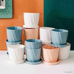 Jardinières Pots M/L couleur unie en plastique plante succulente pot de fleurs avec plateau jardin maison café décor R230620