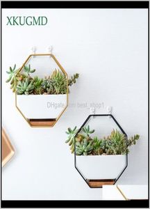 Planters potten metalen rek witte plantenbak eenvoudige achthoekige geometrische wand hangende keramische bloempot bamboebak ijzerframe T200104 I1715475