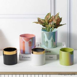 Jardinières Pots Moderne Simple Pot De Fleurs D'intérieur Tube Droit Céramique Cylindrique Nordique Lumière Luxe Or Fleurs Roses Vertes En Pot R230621