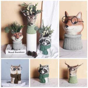 Planteurs Pots Owls Deer rattrapage Animaux avec des verres de fleurs Vases respirantes et épaissi des têtes d'animaux Pocs de statue réaliste Q240429