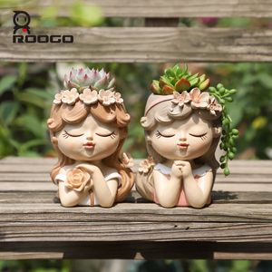 Pots de fleurs Roogo Jardinière de fille mignonne pour plantes succulentes Pot de fleur en résine ornement de jardin féerique Figurines décoratives décor de table à la maison 231025
