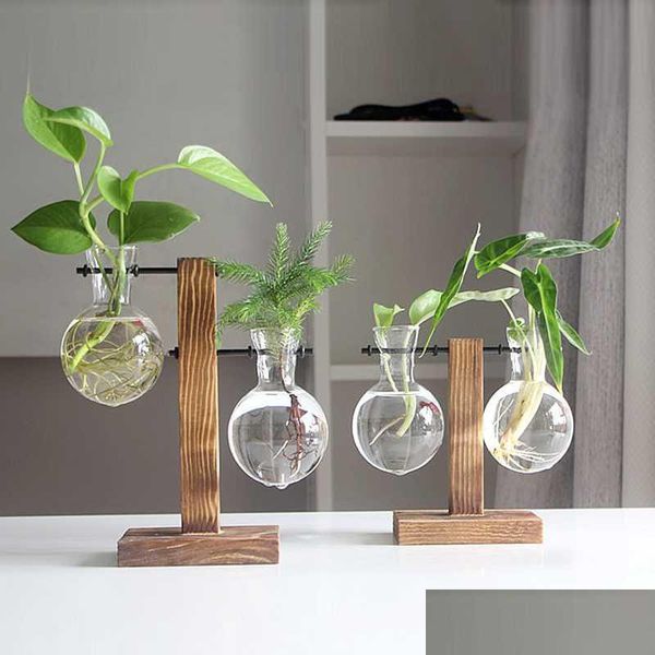 Planteurs Pots Terrarium Plant vases Hydroponic Vintage Transparent Verre en bois Cadre de fleur Flowerpot Table Top Table Balcon Offi Dhodn