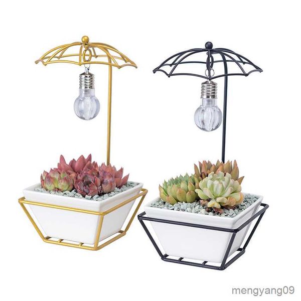 Jardinières Pots Parapluie Forme Fer Cadre Ampoule Décoration Maison En Céramique Pot De Fleur Fer Plante Titulaires Succulentes Planteur R230621