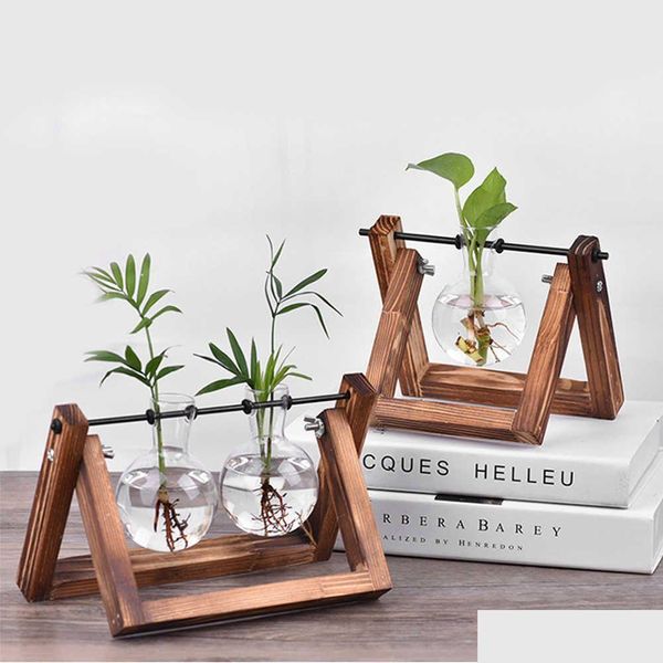 Planteurs Pots Wituse Plante Pot Pot de fleurs Vintage Bois Stand Clear Mini BB Vase Verre Planteur pour la maison de mariage Décor 210712 Drop de Othqx