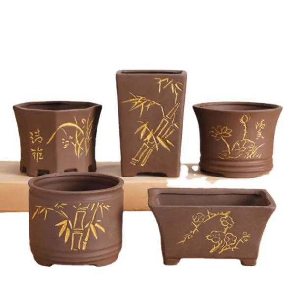 Pots de fleurs en argile violette pour plantes succulentes, pot de fleurs en céramique pure faite à la main, rétro, bambou, lotus, contour doré, vase pour balcon, décoration de la maison