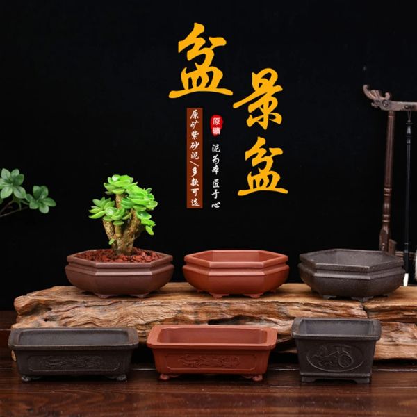 Zisha Pot de Fleur Antique Micro Paysage Succulent Planteur Style Chinois carré rectangulaire bonsaï Vase décoration ménage