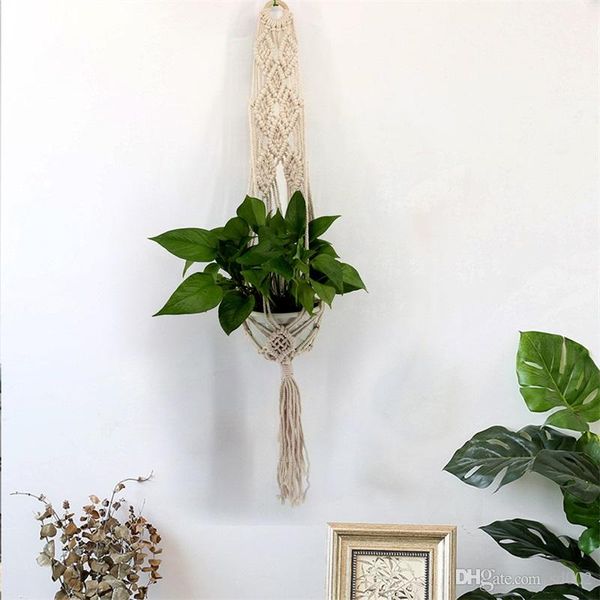 Colgador de plantas hecho a mano Cesta de malla trenzada Macetas colgantes para el hogar Suministros de decoración de pared Color beige 15jj BB