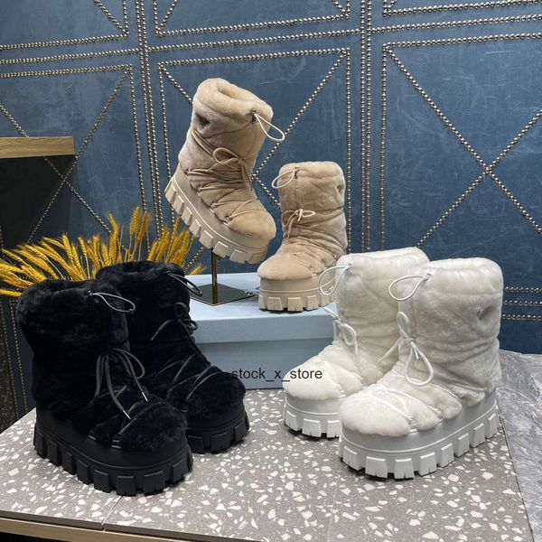 Botas de placa Luna Moda Pradda Tobillo Esquí Nieve Shearling Prad Bombas Bootie Punta redonda Top Boot para mujer Diseñador de lujo Calidad Cordón Nylon Up Shoes Factory Footwe WJNH