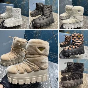 Plaque Snow Boots Designer Nylon Gabardine Apres-Ski Shearling Boots Luxe vrouwen waterdichte doek warme grote tanden dikke zool sneeuwlaarzen maat 35-41
