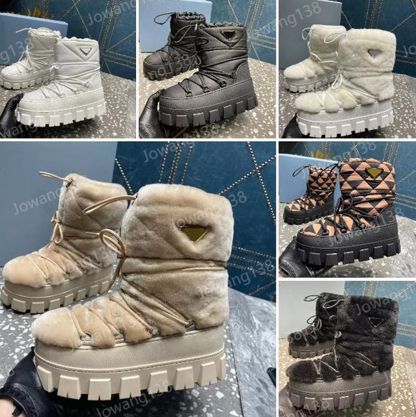 Plaque Bottes de neige Designer Nylon Gabardine APRES-SKI Bottes de shearling Femmes Luxury Tissu imperméable Big dents chaudes épaisses Boots de neige Taille 35-41