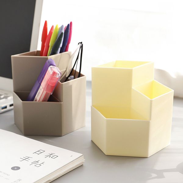 Organizador de lápices creativo de plástico multifunción de gran capacidad Hexagon Desktop Pen Holder Office School Caja de almacenamiento de cosméticos Caja colorida JY0699