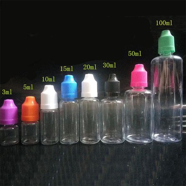 Bouteille E-liquide en plastique 3 ml 5 ml 10 ml 15 ml 20 ml 30 ml 50 ml 100 ml Flacon compte-gouttes Bouteilles d'aiguille PET à l'épreuve des enfants Embouts longs et fins