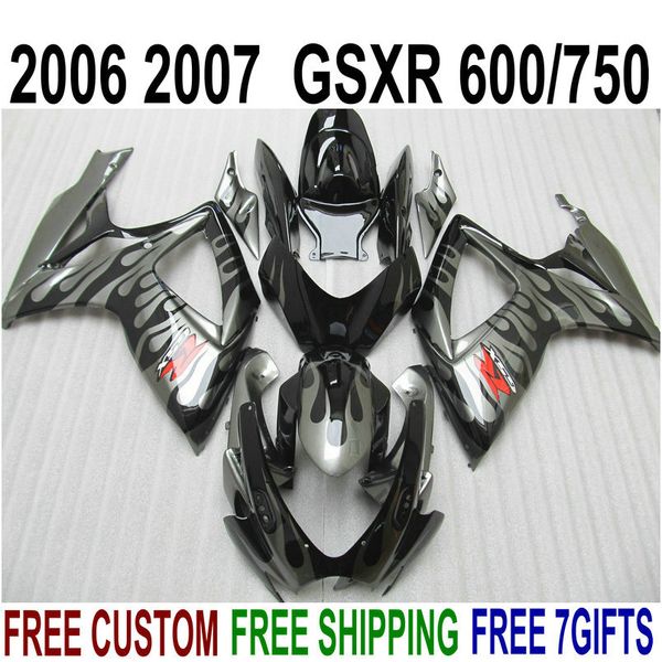 Kit de carénage en plastique pour SUZUKI GSX-R600 GSX-R750 06 07 Carénages K6 GSXR 600/750 2006 2007 flammes grises en kit carrosserie noir V24F