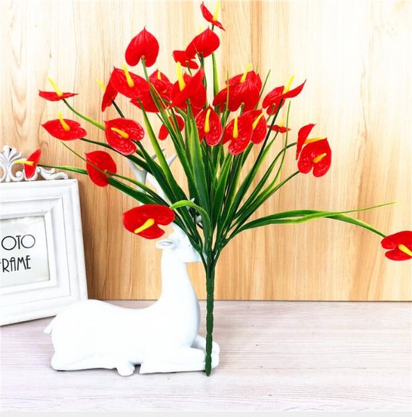 Fleurs en plastique Anthurium rouge artificiel Une pièce 7 branches 30 capitules pour décoration de Noël